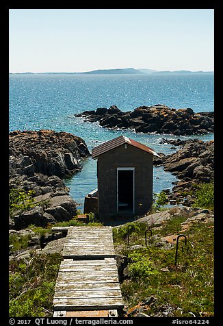 Shack and Isle Royale in the distance, Passage Island. Isle Royale National Park, Michigan, USA.