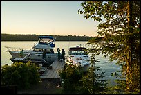 Dock with several boats moored, Tookers Island. Isle Royale National Park ( color)