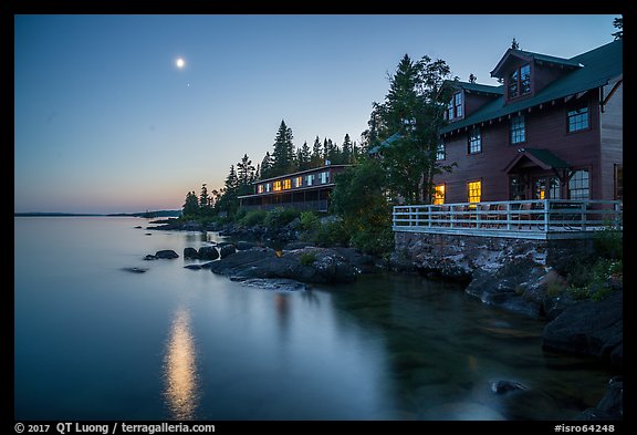 Rock Harbor Lodge and moon at dusk. Isle Royale National Park (color)