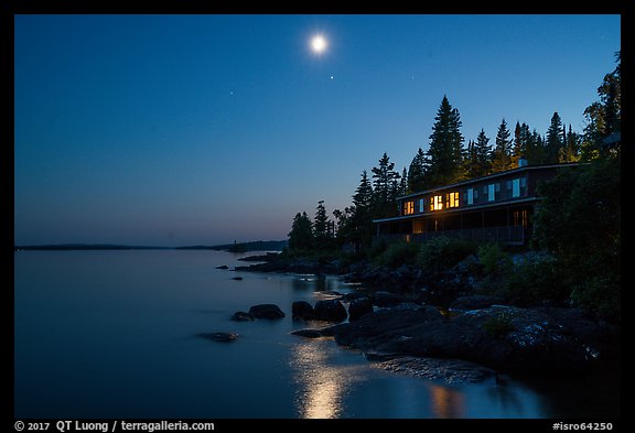 Rock Harbor Lodge at night. Isle Royale National Park, Michigan, USA.