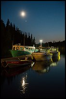 Rock Harbor marina with moon reflected. Isle Royale National Park, Michigan, USA.