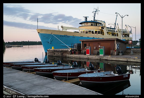Rock Harbor marina with Ranger 3 ferry at dawn. Isle Royale National Park, Michigan, USA.