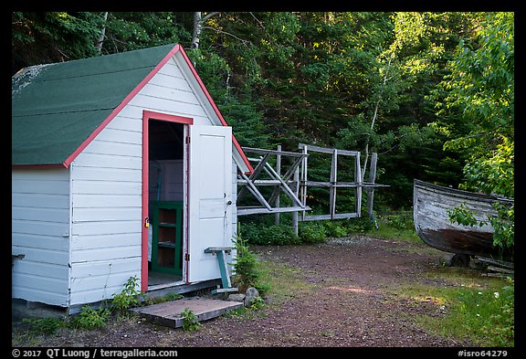 Honeymoon cabin and net reels, Edisen Fishery. Isle Royale National Park (color)