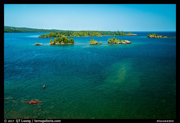 Kayakers and Caribou Island. Isle Royale National Park, Michigan, USA.