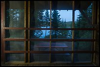 View from inside shelter at dusk, Moskey Basin. Isle Royale National Park, Michigan, USA.