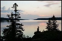Trees and calm waters, Moskey Basin, dawn. Isle Royale National Park ( color)