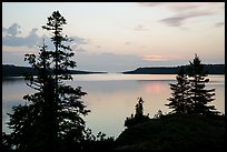 Trees and calm waters, Moskey Basin, dawn. Isle Royale National Park ( color)
