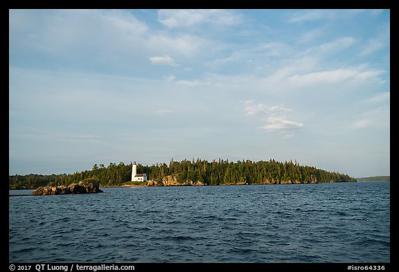 Distant view of Rock Harbor Lighthouse. Isle Royale National Park, Michigan, USA.