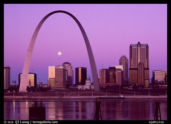 Moon, Arch and downtown skyline at dawn. Gateway Arch National Park (color)