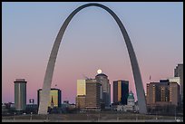Moonset, downtown buildings, Old Courthouse, framed by Arch. Gateway Arch National Park ( color)