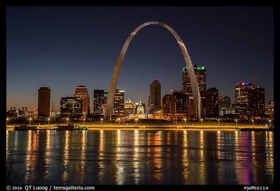 Arch, Old Courthouse and skyline reflected in Mississippi River at night. Gateway Arch National Park (color)
