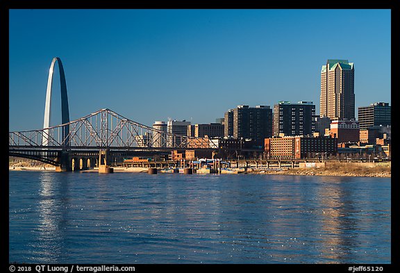 Arch, skyline, and bridges over Mississippi River. Gateway Arch National Park (color)