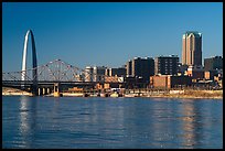 Arch, skyline, and bridges over Mississippi River. Gateway Arch National Park ( color)