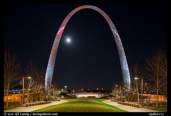 Arch at night and moon above new overpass. Gateway Arch National Park (color)