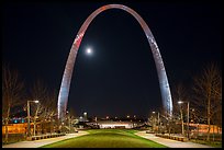 Arch at night and moon above new overpass. Gateway Arch National Park ( color)
