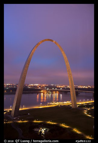 Arch, lighted paths, and Mississippi River from above at dawn. Gateway Arch National Park (color)