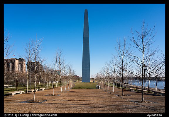 Sideway view of Arch, downtown buildings and Mississippi River in winter. Gateway Arch National Park (color)