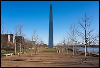 Sideway view of Arch, downtown buildings and Mississippi River in winter. Gateway Arch National Park ( color)