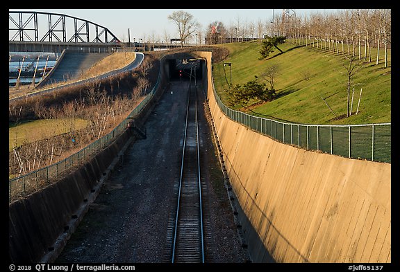 Curved south railroad walls and tunnel. Gateway Arch National Park (color)