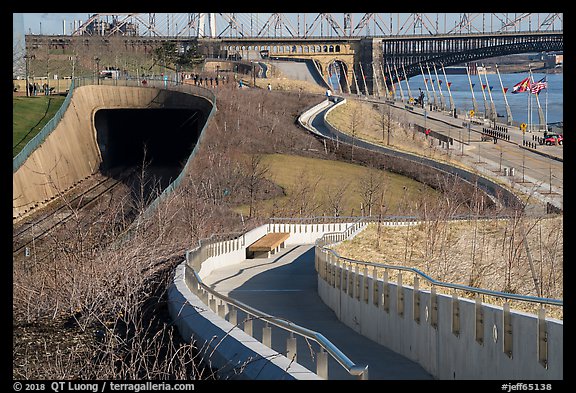 Curves of pathway and North railroad tunnel, part of Dan Kiley's landscape design. Gateway Arch National Park, St Louis, Missouri, USA.