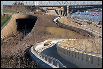 Curves of pathway and North railroad tunnel, part of Dan Kiley's landscape design. Gateway Arch National Park ( color)