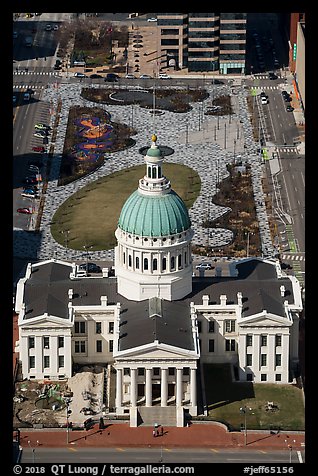 Old Courthouse and Kiener Plaza Park from top of Arch. Gateway Arch National Park (color)