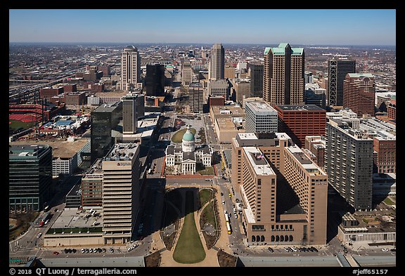 Dowtown St Louis, and Old Courthouse from top of Arch. Gateway Arch National Park (color)