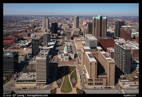 Dowtown St Louis, and Old Courthouse from top of Arch. Gateway Arch National Park (color)