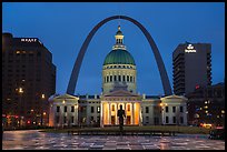 Old Courthouse, Arch, and downtown from Kiener Plaza at night. Gateway Arch National Park, St Louis, Missouri, USA.