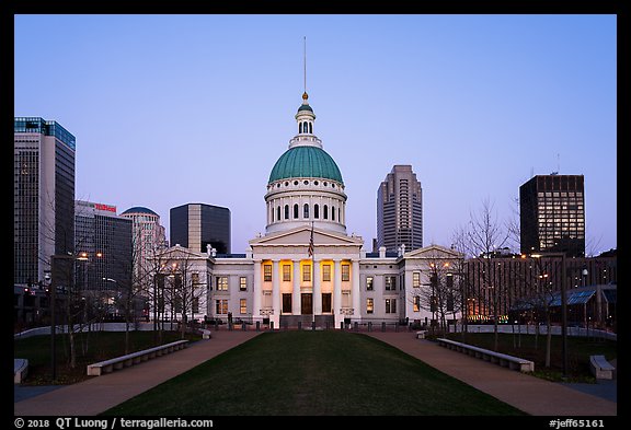 Old Courthouse and downtown from Arch's grounds at dawn. Gateway Arch National Park (color)