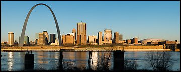 St Louis skyline across Mississippi River at sunrise. Gateway Arch National Park (Panoramic color)