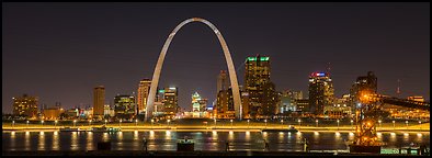 St Louis skyline from Mississippi River Overlook at night. Gateway Arch National Park (Panoramic color)