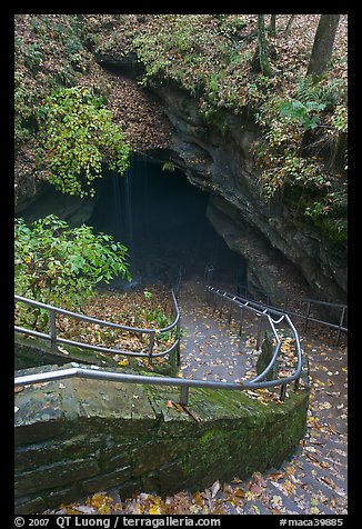 Steps and railing leading down to historical cave entrance. Mammoth Cave National Park, Kentucky, USA.
