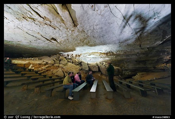 Talk in large room inside cave. Mammoth Cave National Park, Kentucky, USA.