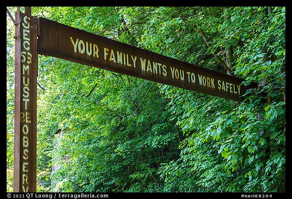Your family wants you to work safely sign, Kaymoor Mine Site. New River Gorge National Park and Preserve, West Virginia, USA.