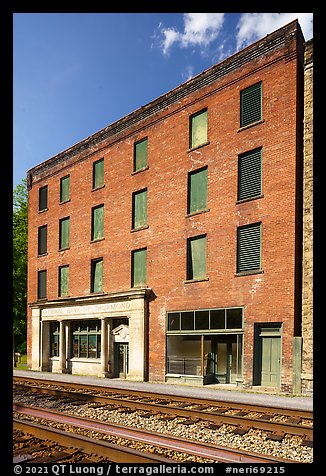 Railroad tracks and National Bank of Thurmond building. New River Gorge National Park and Preserve (color)