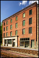 Railroad tracks and National Bank of Thurmond building. New River Gorge National Park and Preserve ( color)