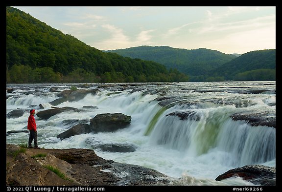 Visitor looking, Sandstone Falls. New River Gorge National Park and Preserve (color)