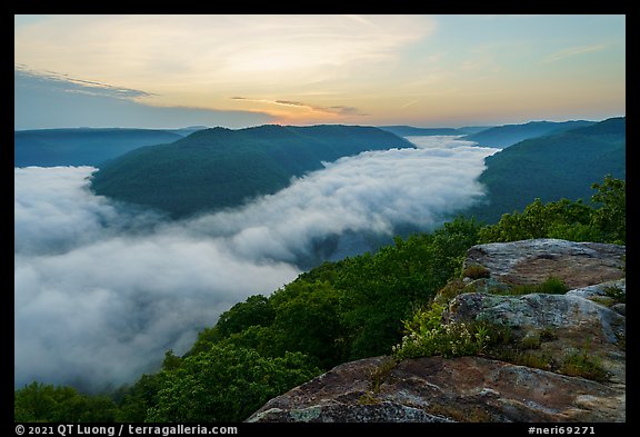 Fog-filled gorge from Grandview Overlook at sunrise. New River Gorge National Park and Preserve (color)