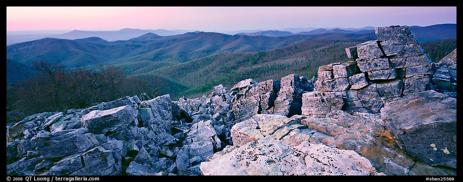 Rock slabs and forested hills at dusk. Shenandoah National Park (color)