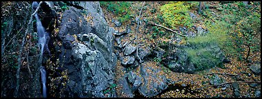 Rocky outcrop in fall forest with cascading water. Shenandoah National Park (Panoramic color)