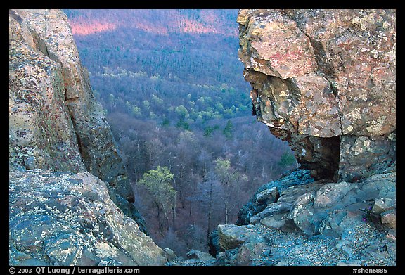 Forested slopes seen through a rock window, Little Stony Man. Shenandoah National Park, Virginia, USA.