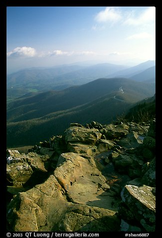 View over hills and crest from Little Stony Man, early morning. Shenandoah National Park, Virginia, USA.