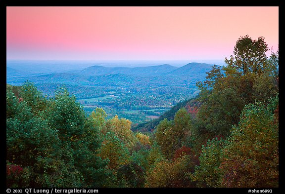 Looking west towards farmlands at sunset. Shenandoah National Park, Virginia, USA.