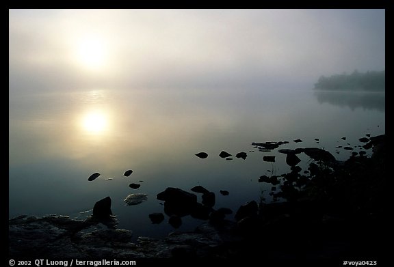 Sunrise and morning fog, Kabetogama lake near Woodenfrog. Voyageurs National Park, Minnesota, USA.