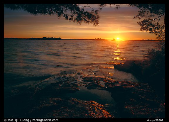 Sun rising over Kabetogama Lake. Voyageurs National Park, Minnesota, USA.