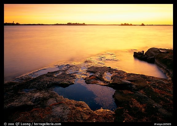 Lake and eroded granite at sunrise, Kabetogama Lake. Voyageurs National Park (color)