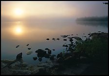 Sunrise and morning fog, Kabetogama lake near Woodenfrog. Voyageurs National Park, Minnesota, USA. (color)