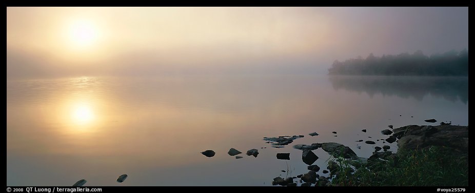 Misty lake scene with sun piercing fog, Kabetogama Lake. Voyageurs National Park (color)