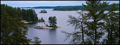 North woods lake scenery with tiny islets. Voyageurs National Park (Panoramic color)